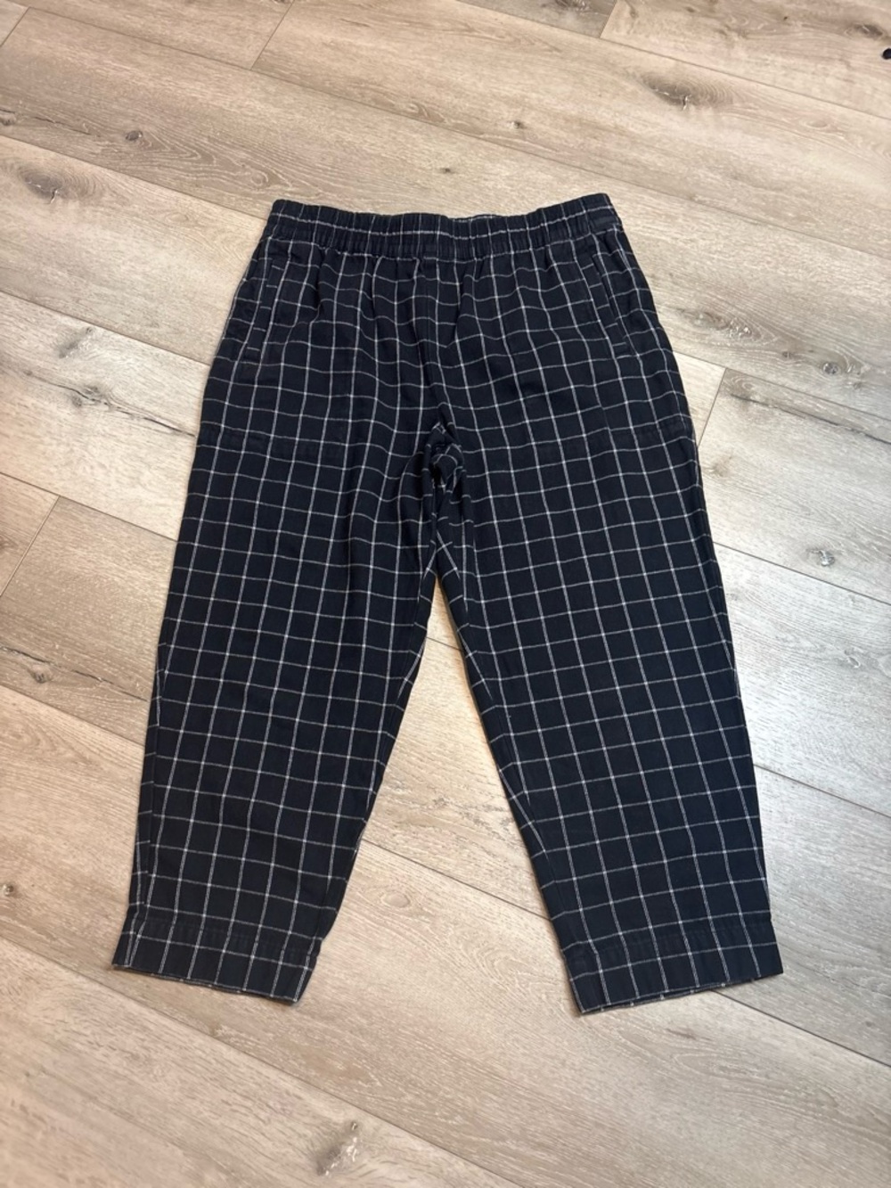 Madewell Waffleback Pull-On High Rise Tapered Windowpane Grid Pants Black XL